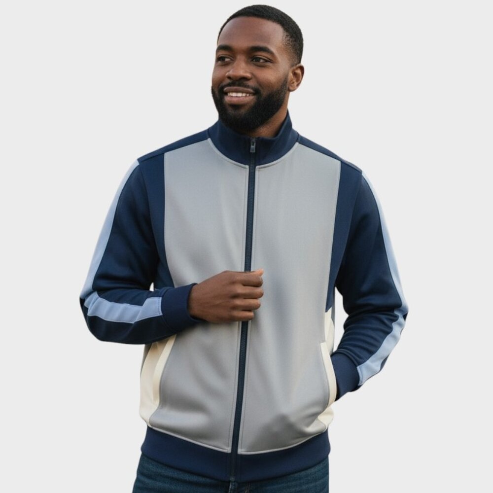 GSTQ Mens XL Blue Gray Colorblock Full Zip Track Jacket Athleisure NWT